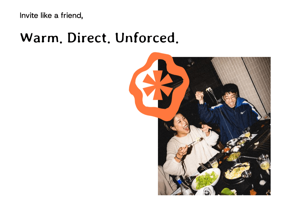 Friends of Friends cover reading Invite like a friend, Warm. Direct. Unforced., beside two friends sharing a meal