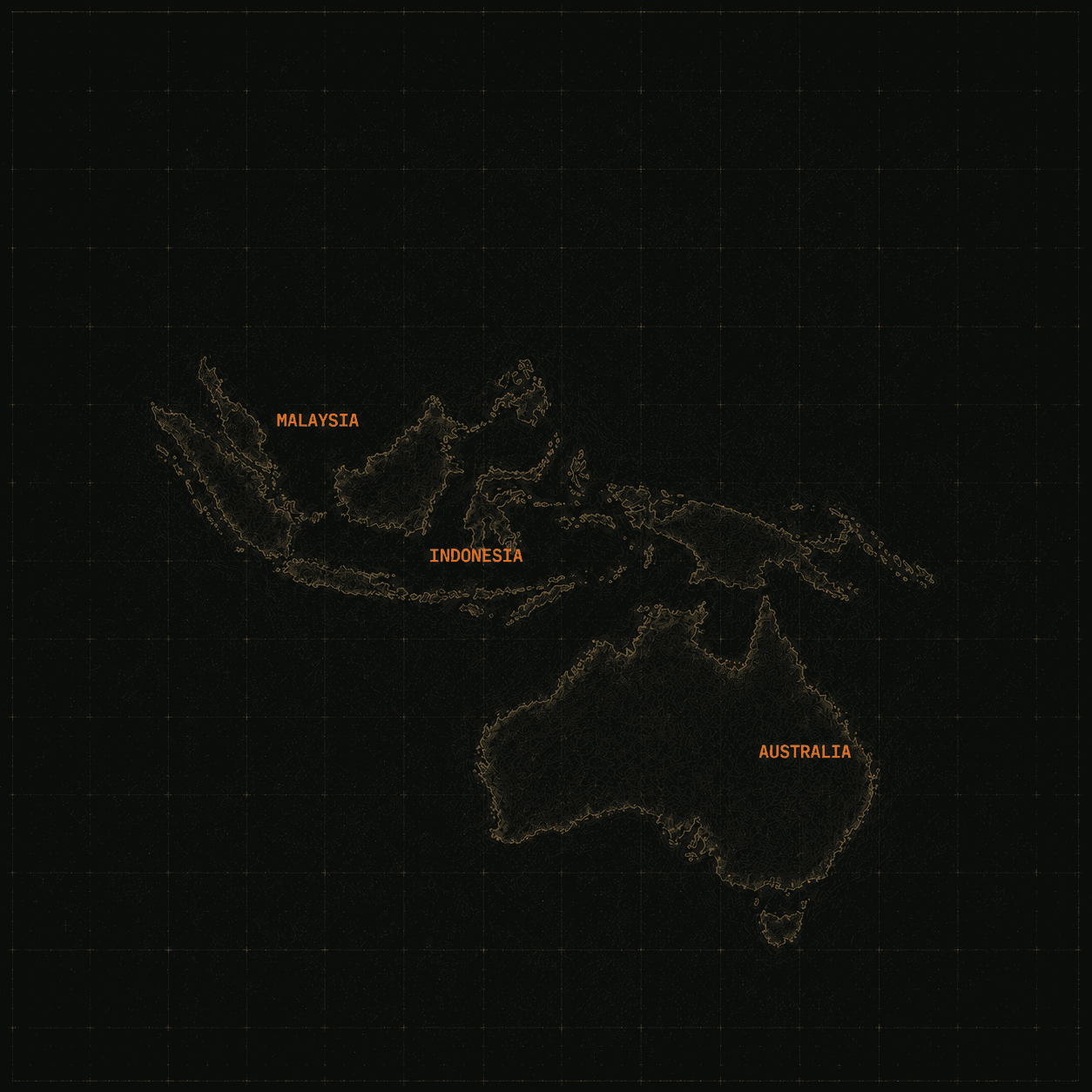 Map tracing Australia, Malaysia, and Indonesia