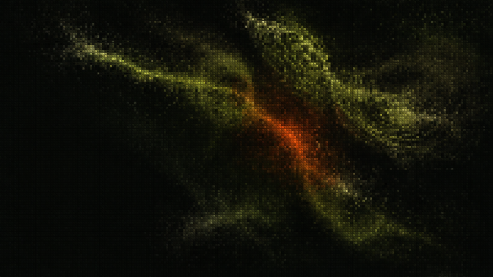 Abstract topographic field in moss green and ember orange
