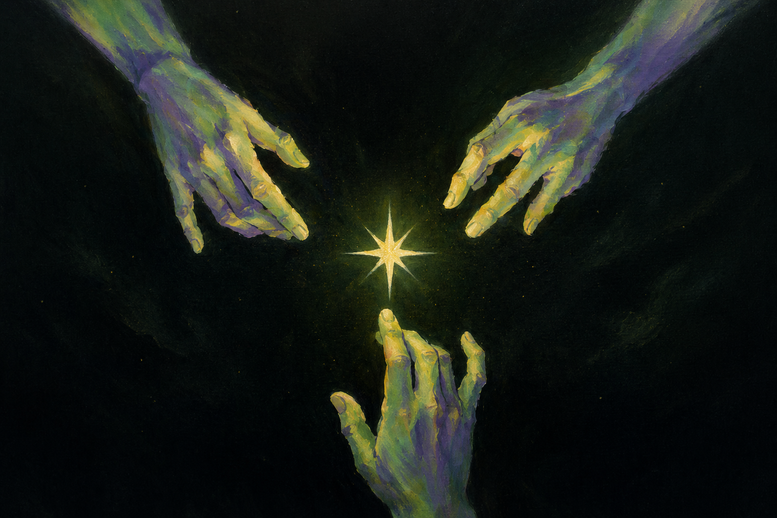Three painted hands reaching toward a shared point of light
